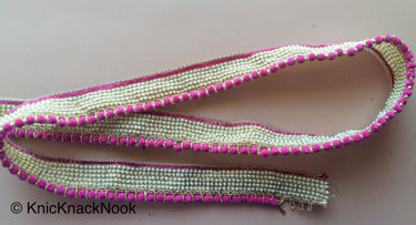 Green / Fuchsia Pink / Beige Velvet Trim With Off White Seed Pearls And Gold Threadwork, Approx. 30mm Wide - 200317L478 / 79 / 80